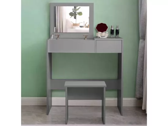 Coiffeuse table de maquillage grise avec miroir et tabouret MAONA