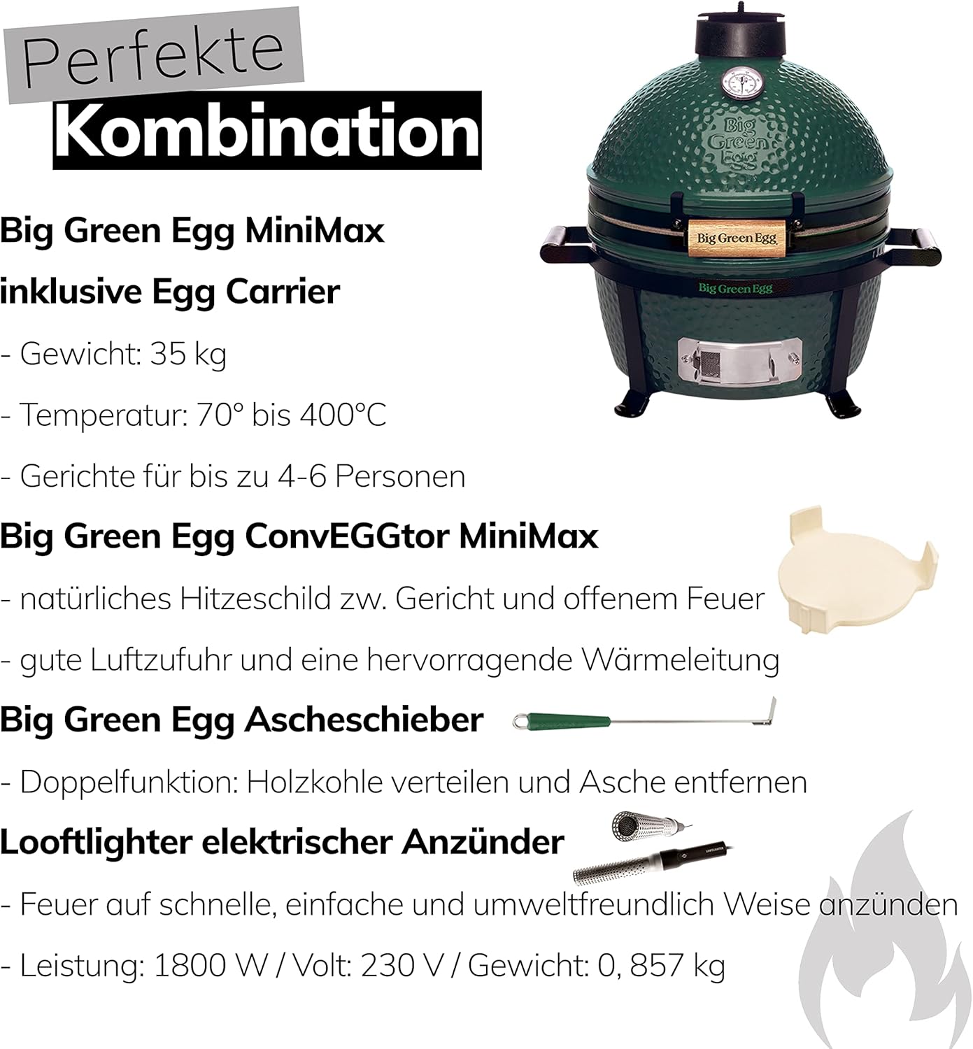 Big Green Egg MiniMax Keramikgrill EGGtastischer Starter Deal mit Grill Zubehör Mini Kamado mit Kohle, ConvEGGtor, Ascheschieber und Looftlighter Artikelnummer AMXHD3