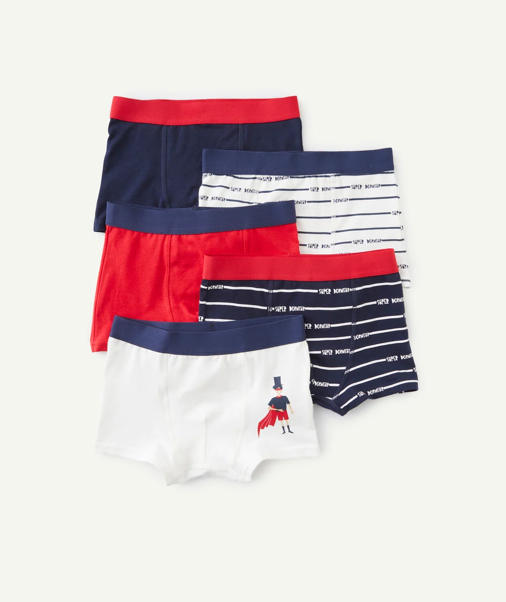 LOT DE 5 BOXER GARÇON EN COTON BIOLOGIQUE BLEU BLANC ROUGE SUPER-HEROS