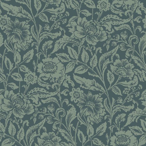 Estahome Vintage Bloemen Behang IV - 0,53 x 10,05 m - Donkerblauw / Vergrijsd Groen