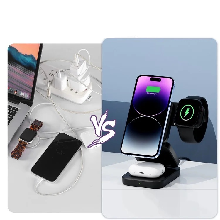 (15W) 3in1 MagSafe Ladegerät Qi Wireless Charger Faltbarer Ladeständer für Apple Watch / Smartphone / AirPods - Schwarz