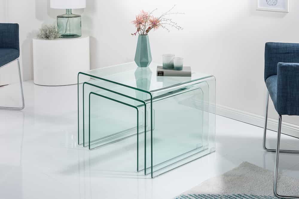 Design 3er Set Glas Couchtisch FANTOME 60cm Beistelltische transparent