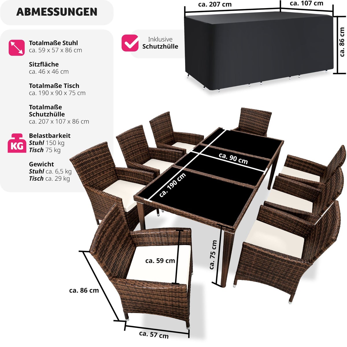 Rotan zitgroep tectake Menorca met aluminium frame, 2 sets hoezen, inclusief beschermhoes