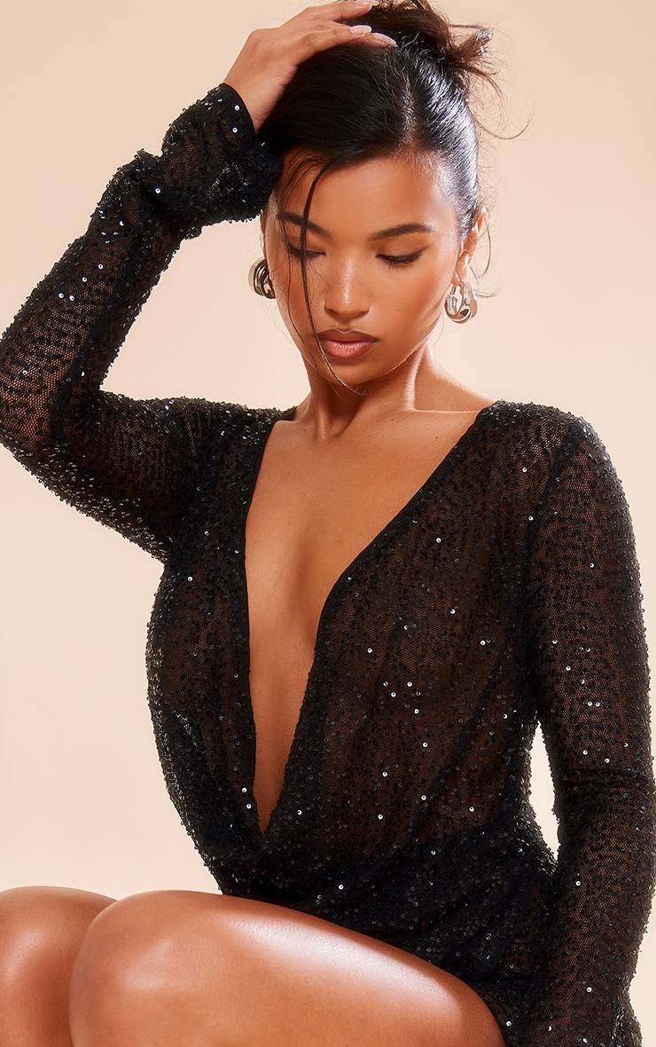 Noir Combinaison-short À Sequins Col Bénitier Et Manches Longues