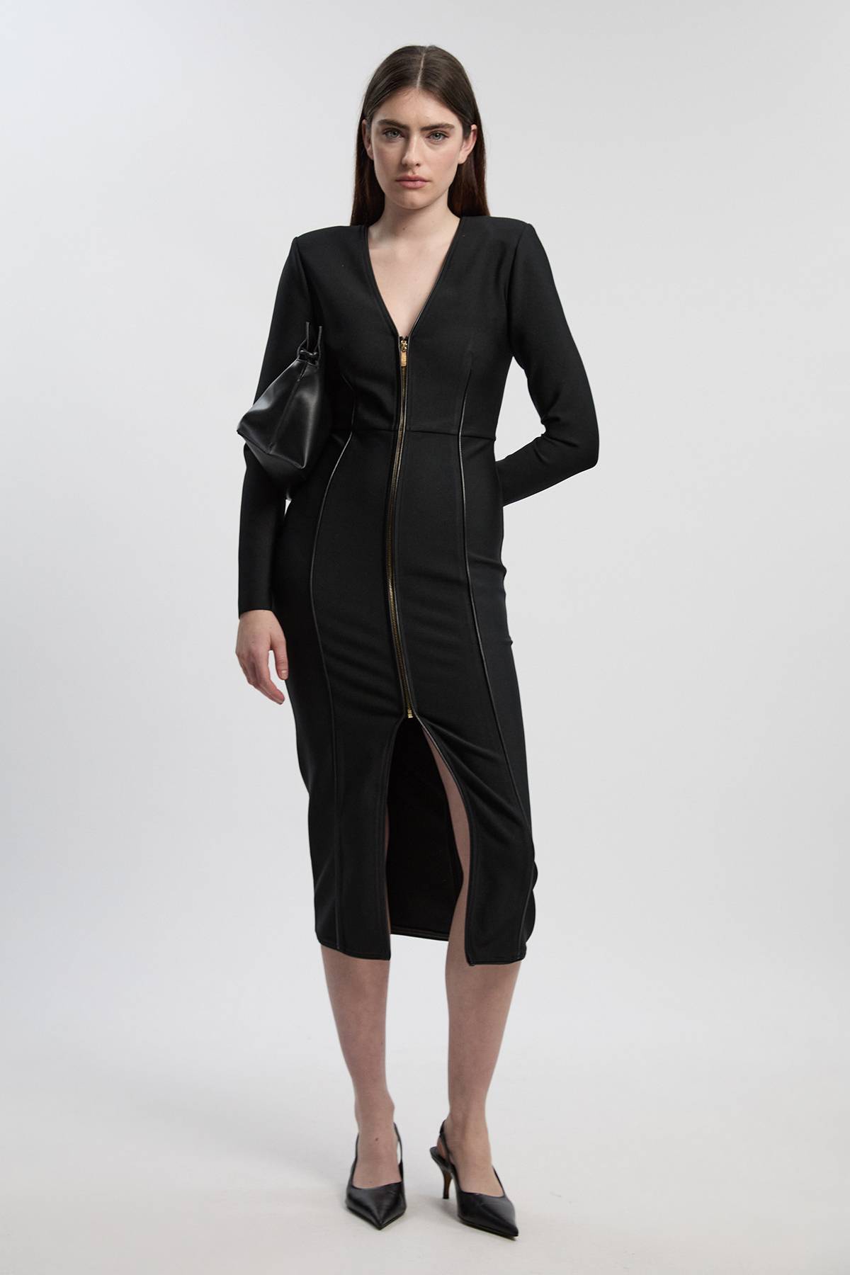KarenMillen Robe Midi Moulante Tricotée avec Détails en SYNTHÉTIQUE et Fermeture Éclair Intégrale