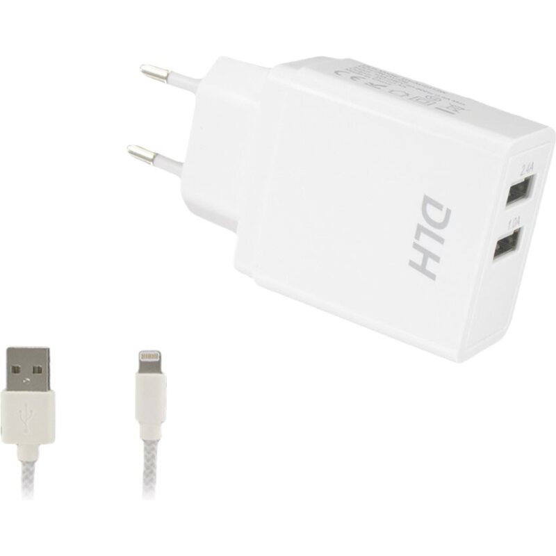 DLH CHARGEUR SECTEUR 2 PORTS USB 12W AVEC CABLE APPLE LIGHTNING MFI POUR IPHONE ET IPAD
