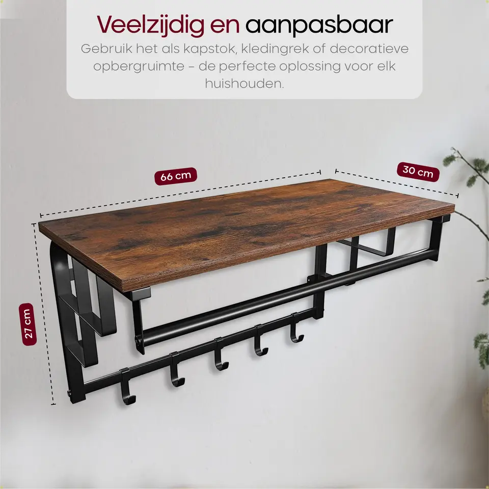 O'DADDY Wandkapstok met 5 Haken - 66x30x27 cm - Hangend - Bruin