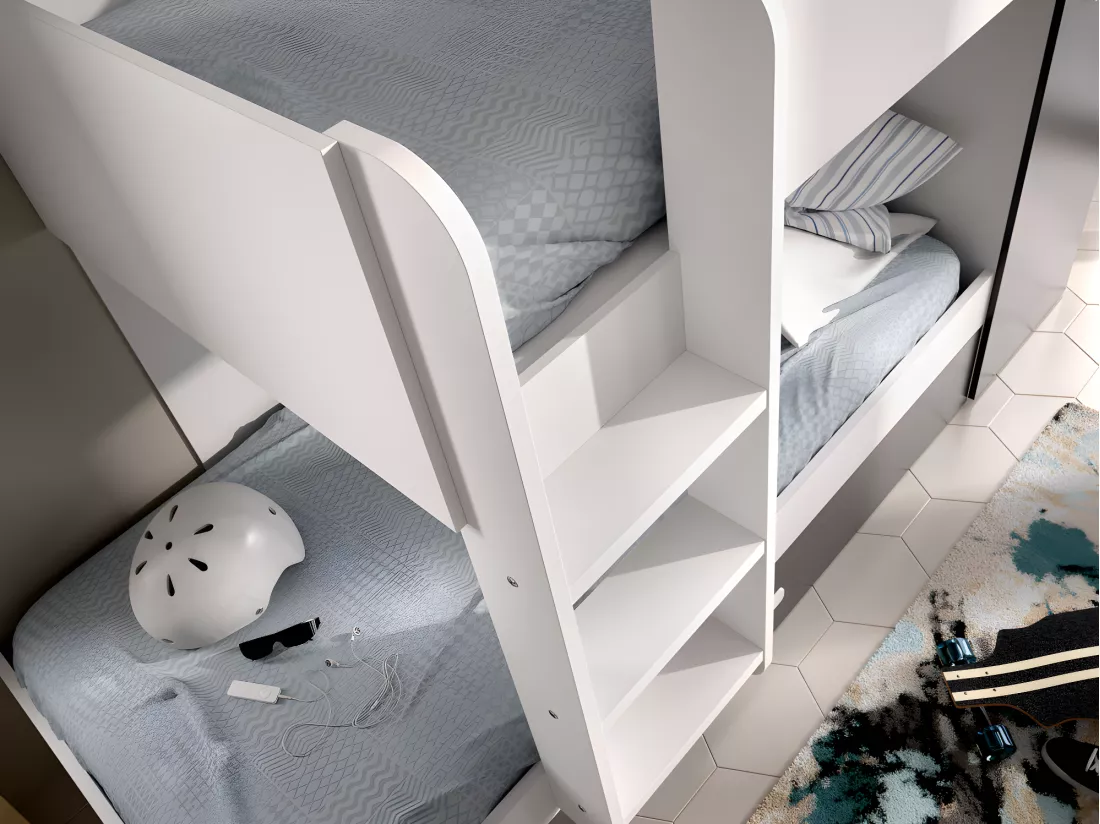 Lits superposés avec tiroir lit gigogne et rangements 3 x 90 x 190 cm - Anthracite et Blanc - ANTHONY