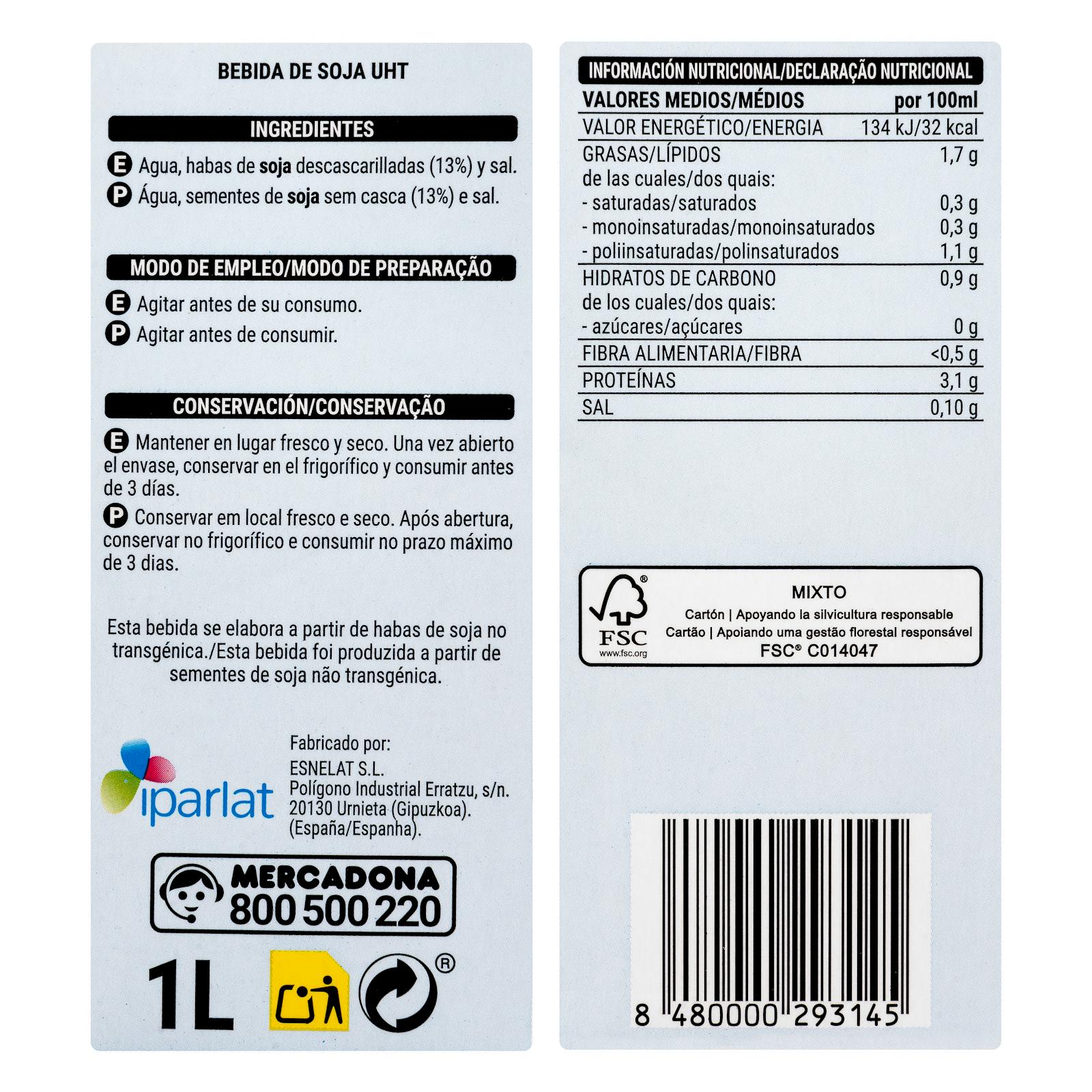 Boisson au soja Hacendado 0% de sucre