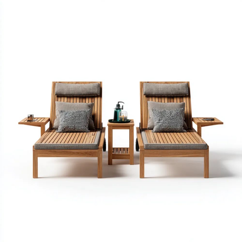 Gartenliegen Set Teakholz 200x75x35 cm – Braun/Grau – Verstellbare Rückenlehne inklusive Beistelltisch 40x40x50 cm