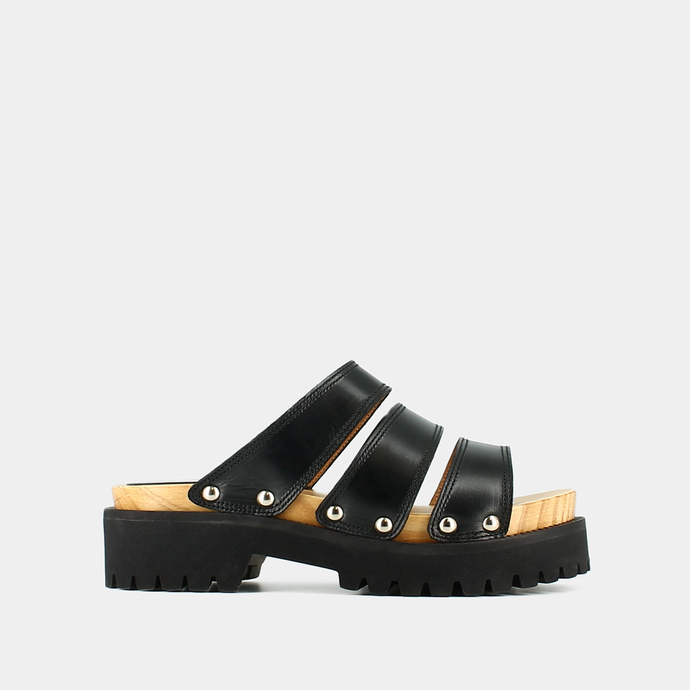 Mules à brides et à plateformes  en cuir noir