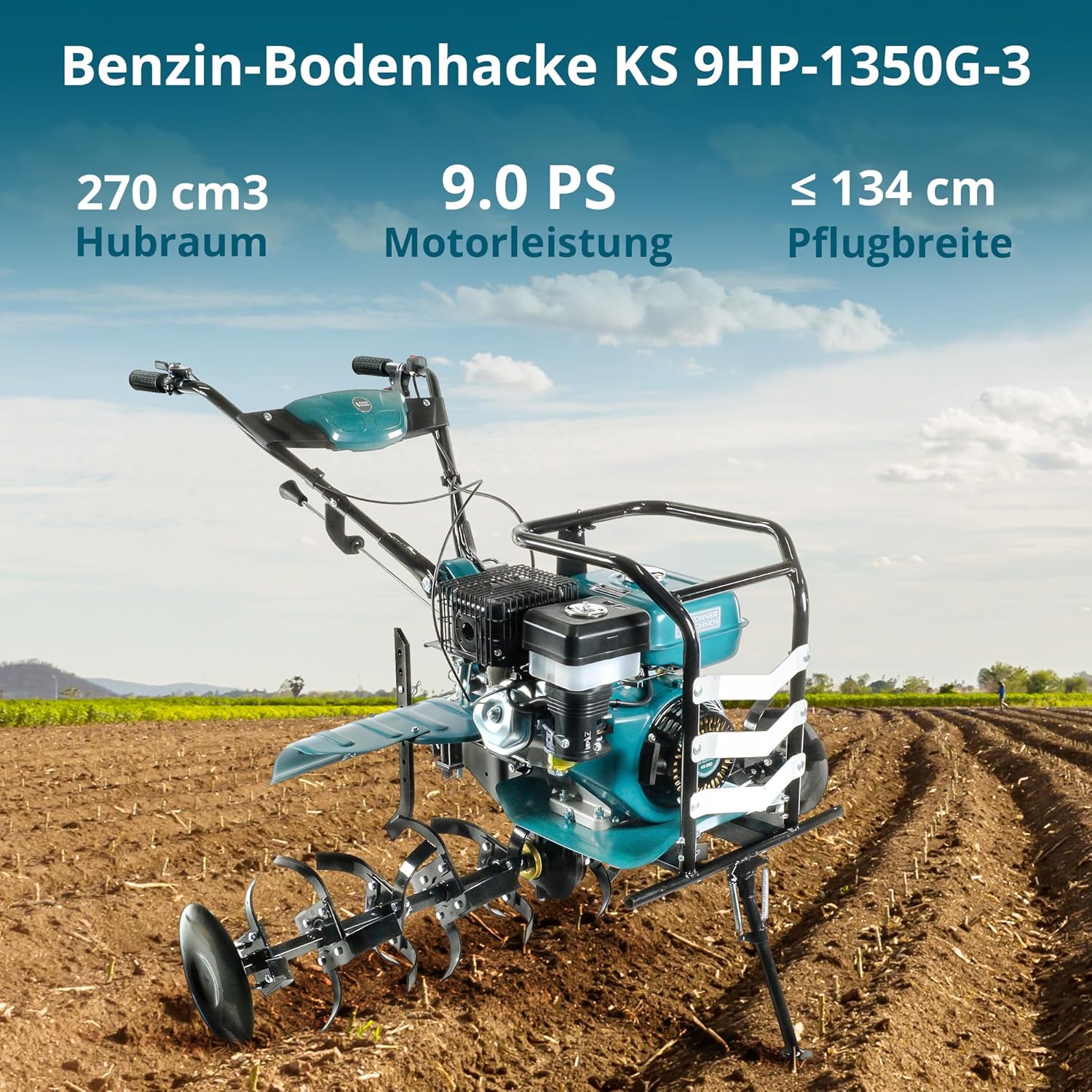 Könner & Söhnen KS 9HP-1350G-3 Benzin Bodenhacke mit Direktantrieb,gartenfräse, geschmiedete Säbelfräsen,3 Vorwärtsgänge, Rückwärtsgang, ≤134 cm Arbeitsbreite, ≤ 35 Arbeitstiefe,9.0 PS Kultivator