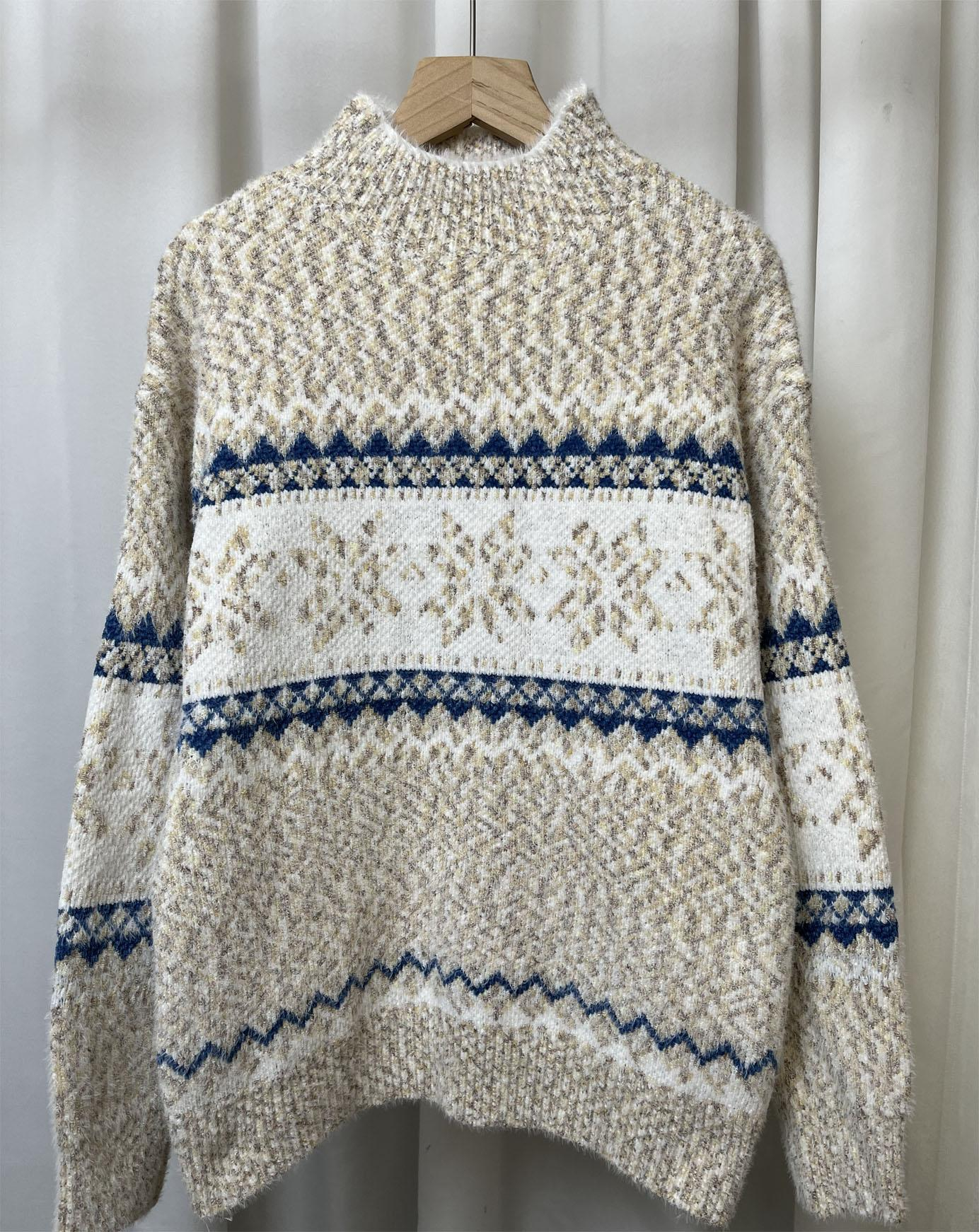 (Gr. M) Damen Strick Pullover Winter Rollkragen Weihnachts Sweater Schneeflocken - Beige / Blau
