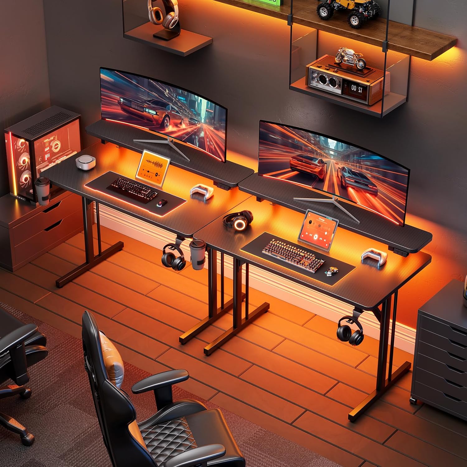 ODK Gaming Tisch, Kleiner Gaming Schreibtisch mit LED Beleuchtung, 80cm Computertisch mit Monitorablage, Carbon Fiber Schwarz PC Gamer Tisch