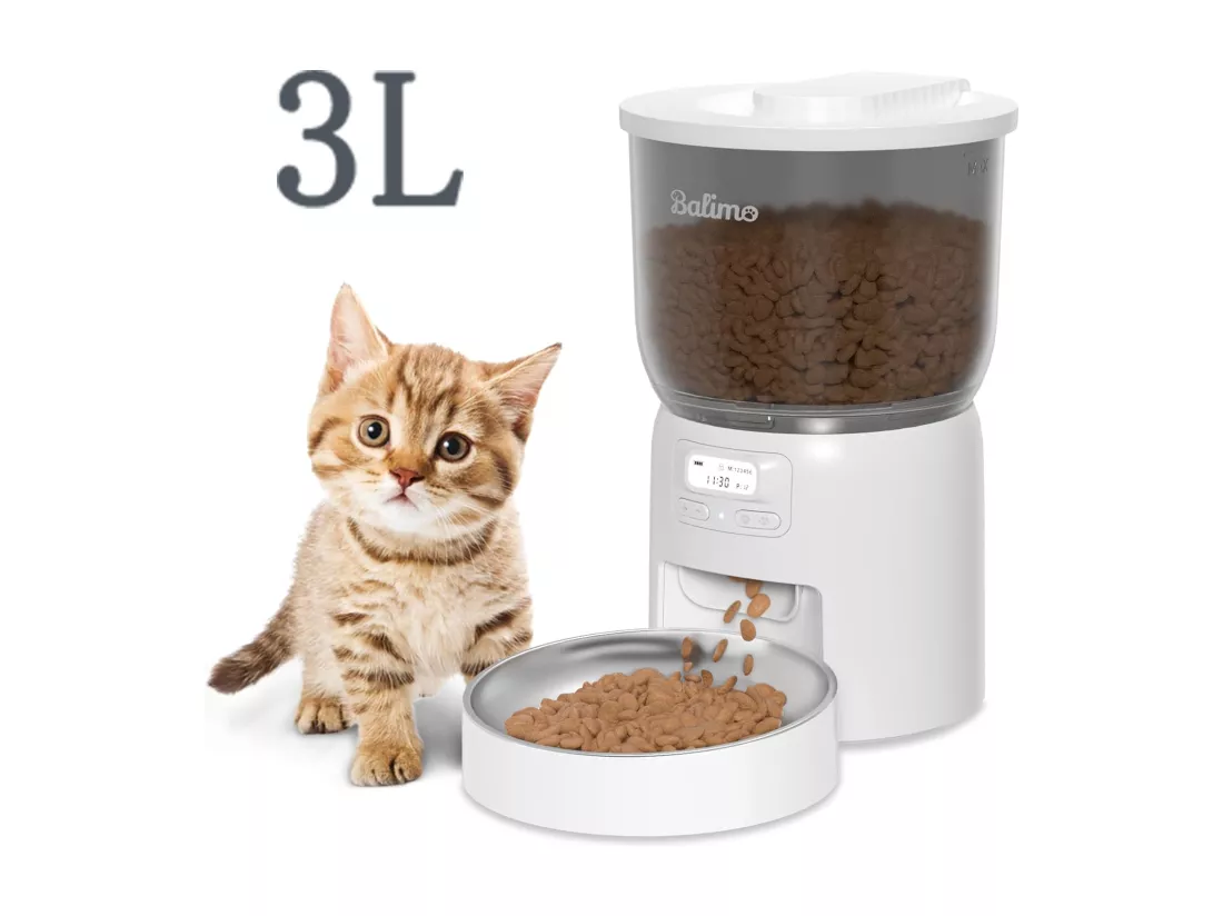 Balimo Dick 3L Distributeur Croquettes Chat Automatique,Minuterie Programmable/Fonction Enregistrement,avec Bol en Inox,Jusqu'à 6 Repas/Jour (Blanc)