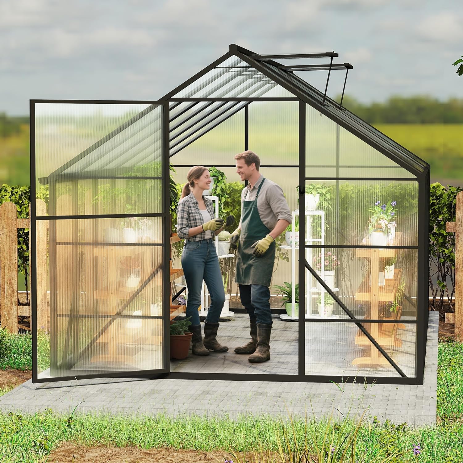 Gewächshaus Aluminium mit Fundament & Dachfenster Tomatenhaus wetterfest rostfrei Treibhaus Anzuchthaus temperaturbeständig Frühbeet Pflanzenhaus für Tomaten, Gemüse & Pflanzen - 380x250x205cm