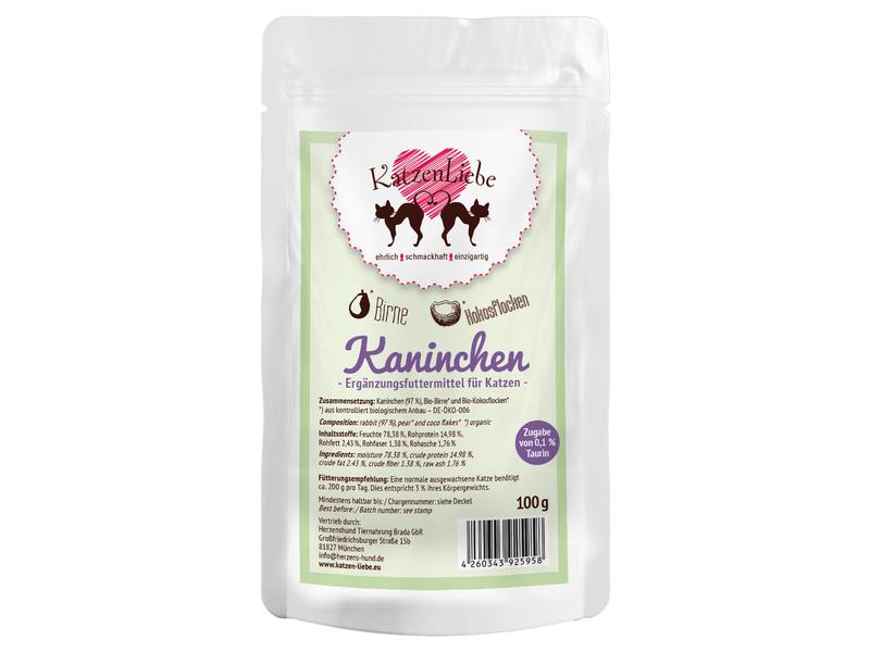 KatzenLiebe Nassfutter Kaninchen mit Bio-Birne, 100 g Premium Bio-Ergänzungsfuttermittel für erwachsene Katzen