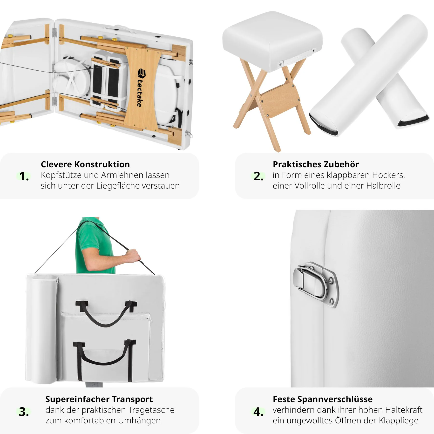 tectake® 3 Zonen Massageliege-Set, inklusive Hocker, Lagerungsrollen und Tragetasche, klappbar und höhenverstellbar, 218 x 102 x 65 - 90 cm