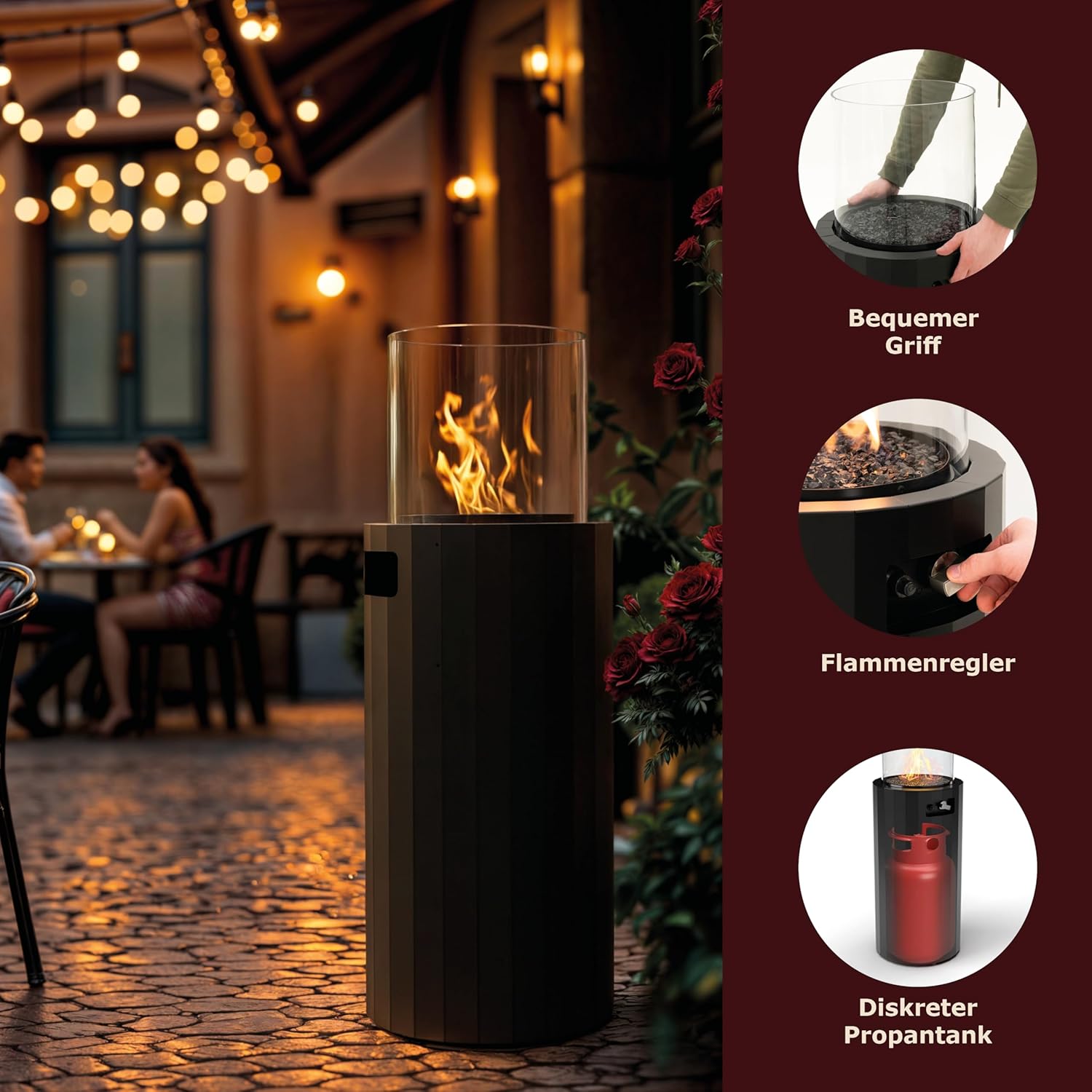 Planika BINO Outdoor-Gaskamin Tragbarer Terrassenheizer und Freistehender, Propan Heizpilz für Ihren Garten und Terrasse mit Schutzabdeckung