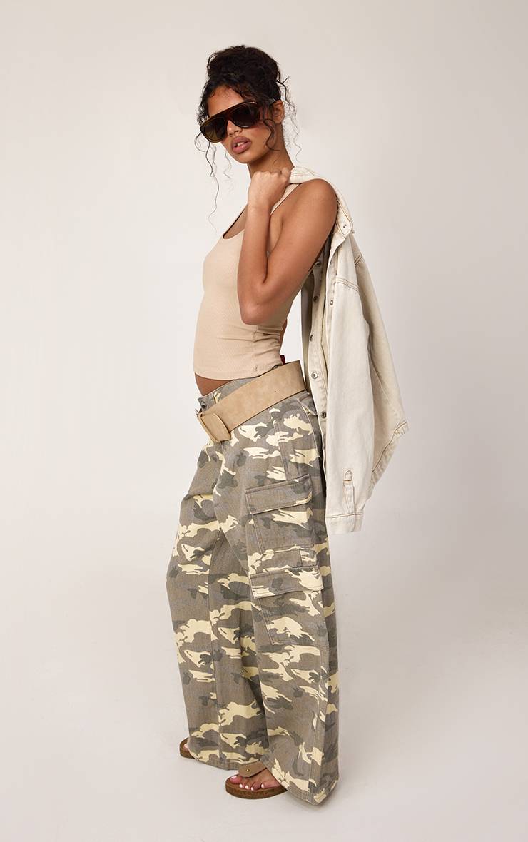 Kaki Jean Large À Poches Cargo Imprimé Camouflage Délavé