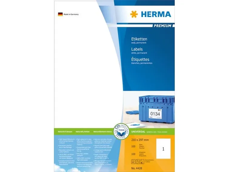 HERMA Premium - Papir - mat - permanent selvklæbende - hvid - A4 (210 x 297 mm) 100 etikette(r) (100 ark x 1) laminerede etiketter