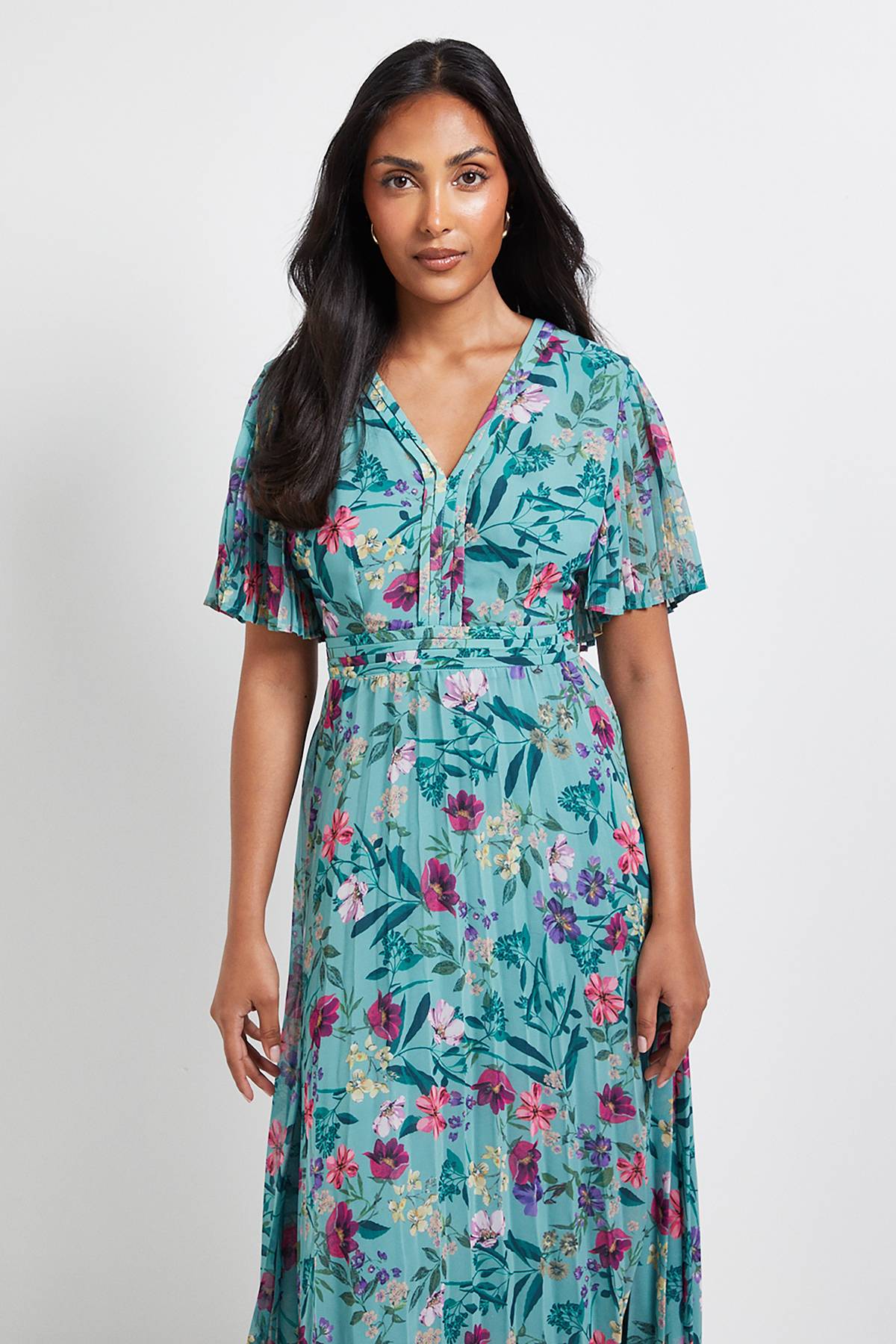Wallis Robe Midi Petite en Mousseline Florale à Manches Plissées
