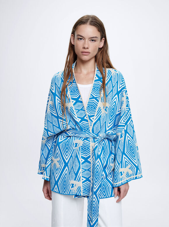 Cardigã Jacquard com Cinto - Azul