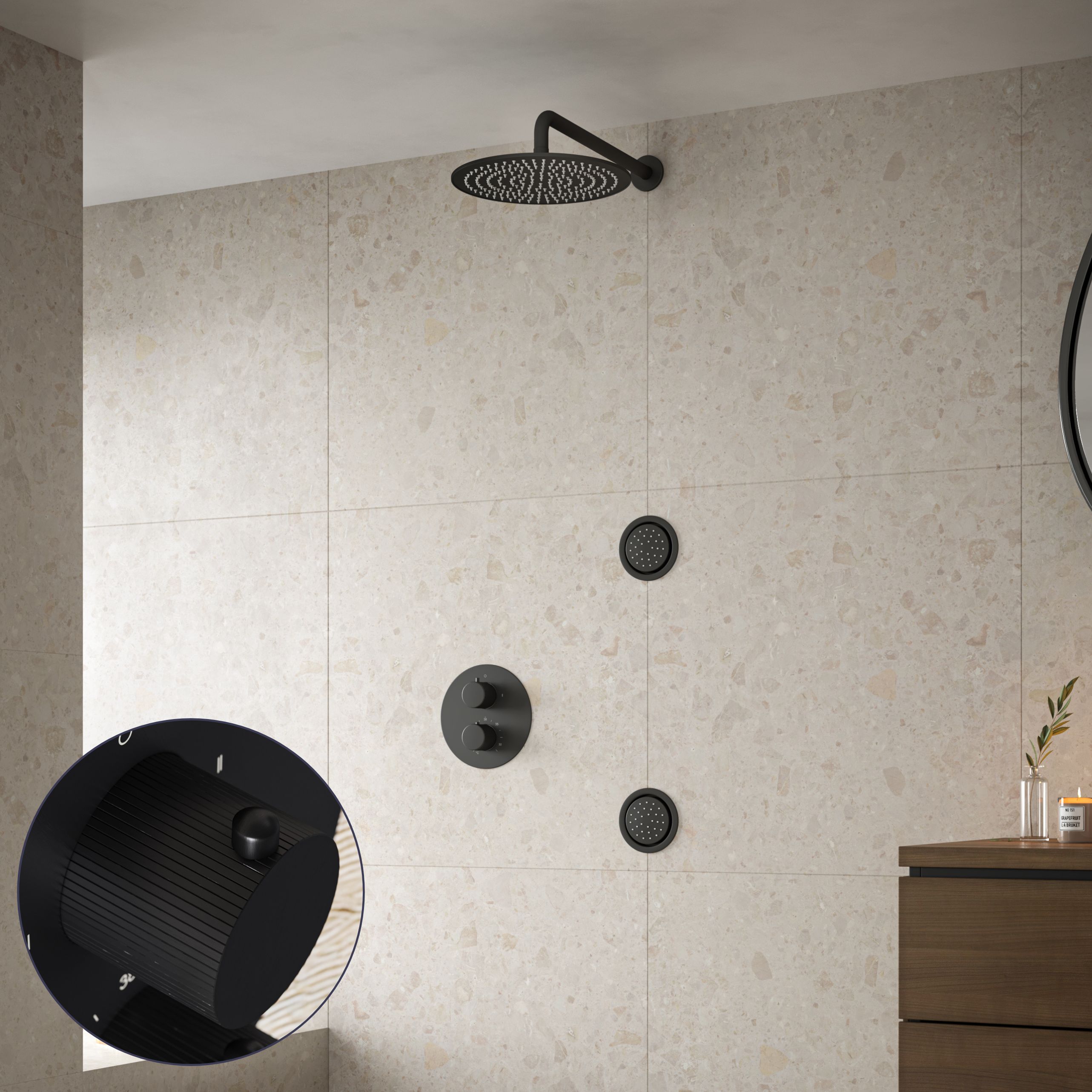 Saniclear Nero Stripes inbouw regendouche 20cm met ronde massagejets en muurarm zwart mat