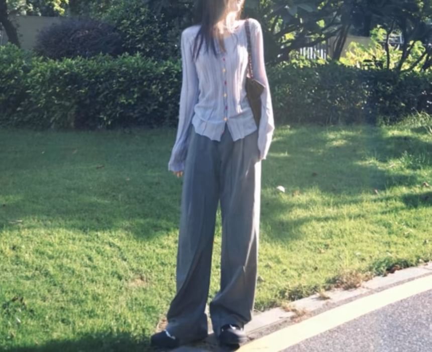 minaga - Effen cardigan met ronde hals en knoopjes / Hoge taille broek met wijde pijpen / Skinny sjaal / Set