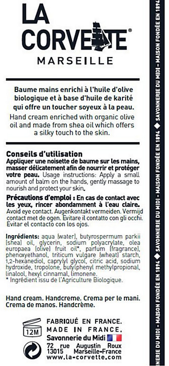 Baume Mains douceur bio La Corvette Savonnerie du midi au beurre de karité bio 75ml