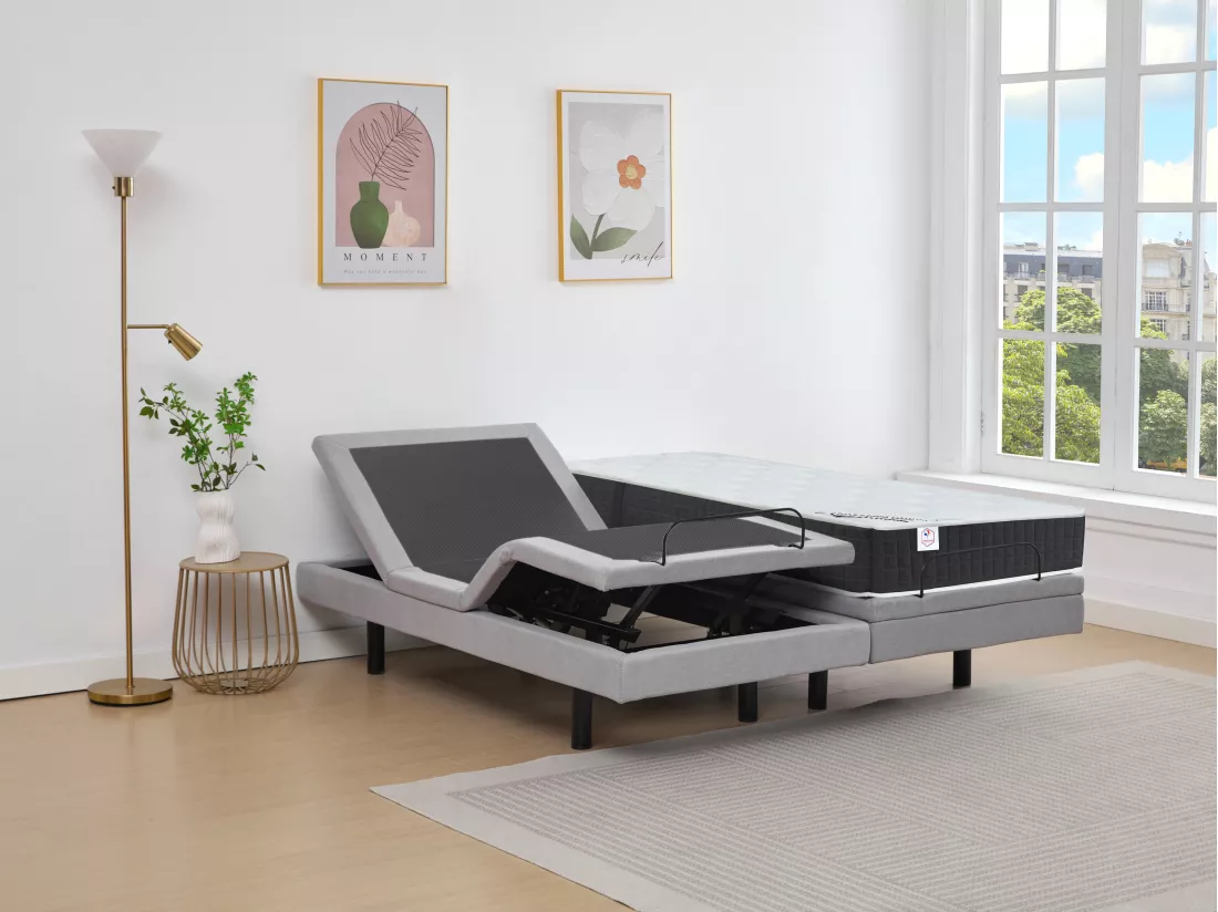 Lit électrique de relaxation déco + matelas ressorts ensachés et mémoire de forme - 2 x 90 x 200 cm - Tissu - Gris - RIZALI de YSMÉE