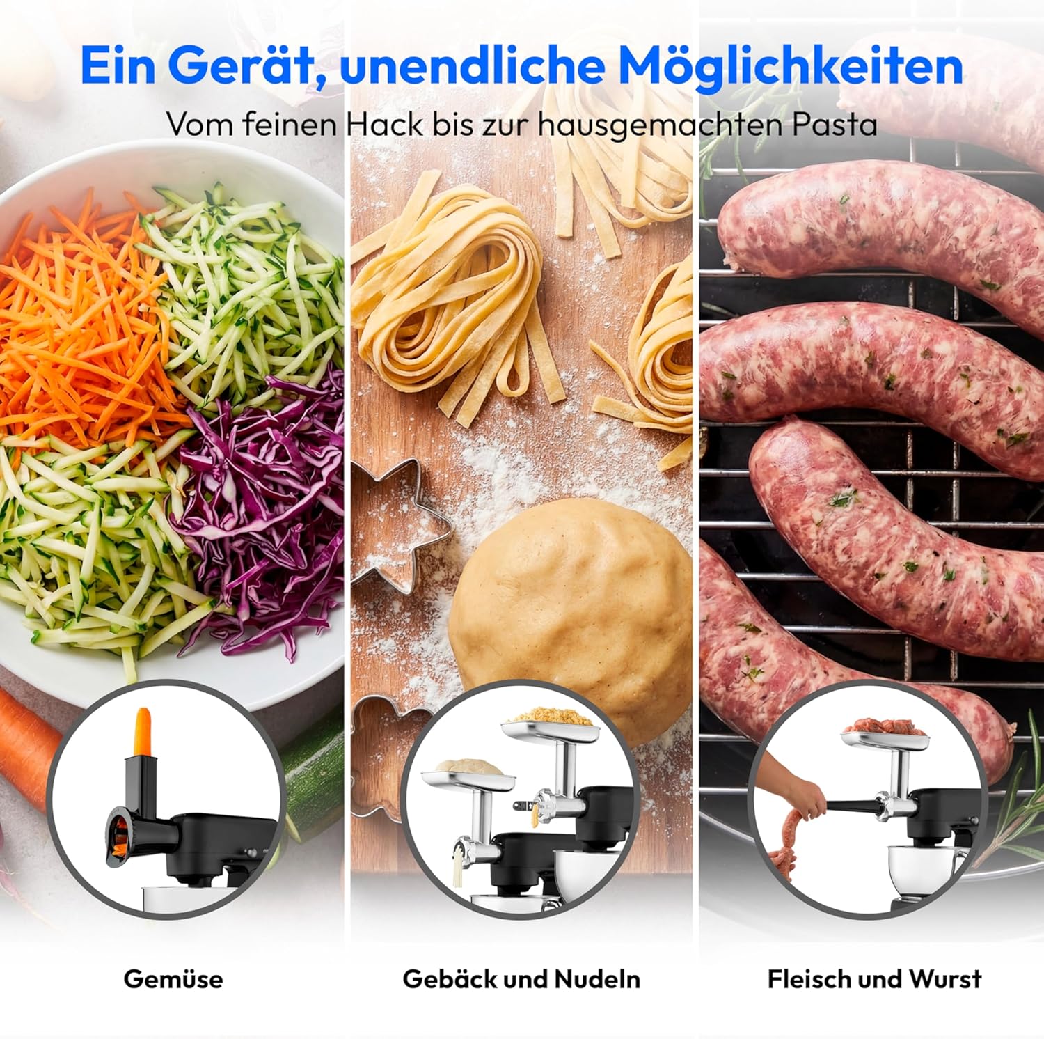 MEDION Küchenmaschine (Fleischwolf, 4,6 L Edelstahlschüssel, leiser Gleichstrommotor, 800 Watt, Reiben Raspeln Schneiden, Digitales Sensor Touch Display, Knetmaschine, Teigmaschine, MD12600) schwarz
