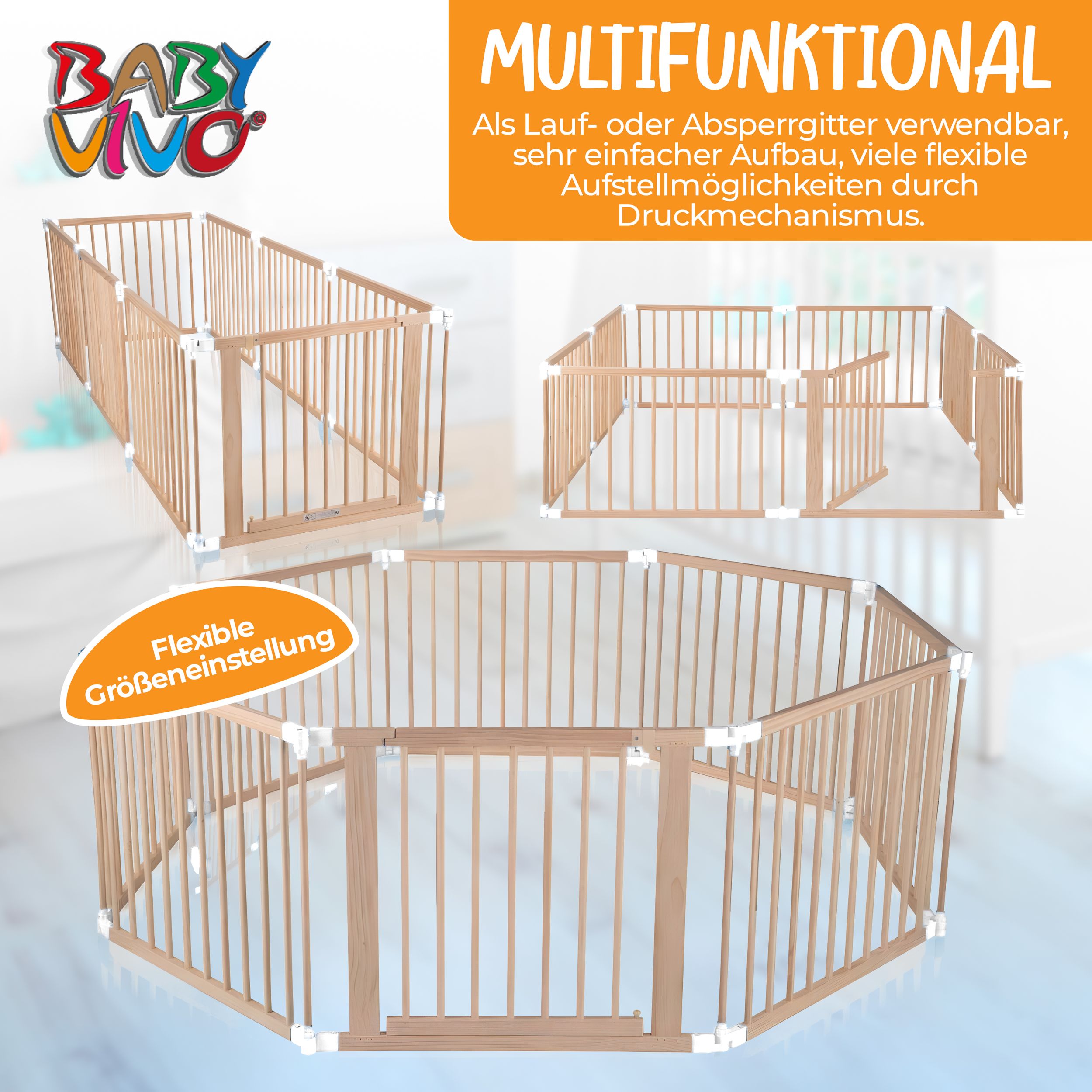 Baby Vivo Laufgitter aus Holz 8 Elemente - individuell verstellbar - PREMIUM in Weiß