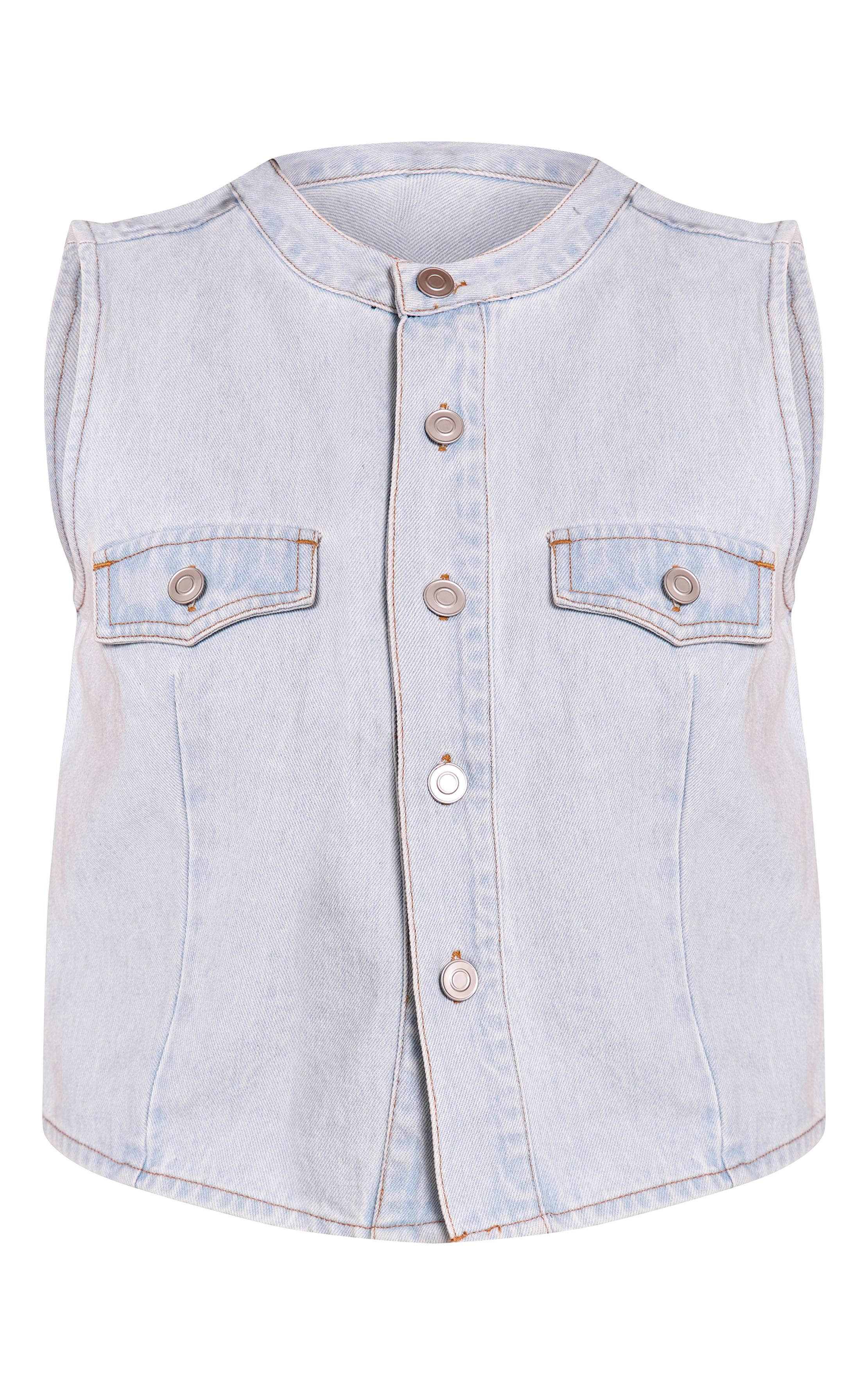 Bleu Clair Gilet En Jean Col Rond Taille Cintrée