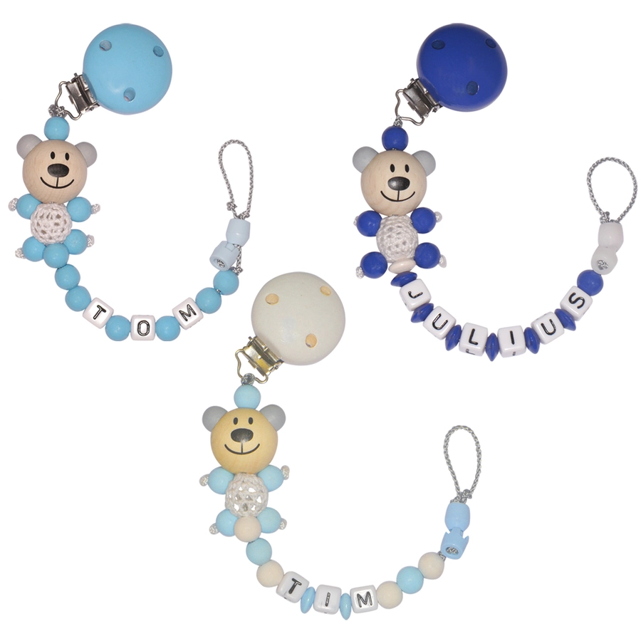 Schnullireich Schnullerkette mit Namen Häkelbär Blau