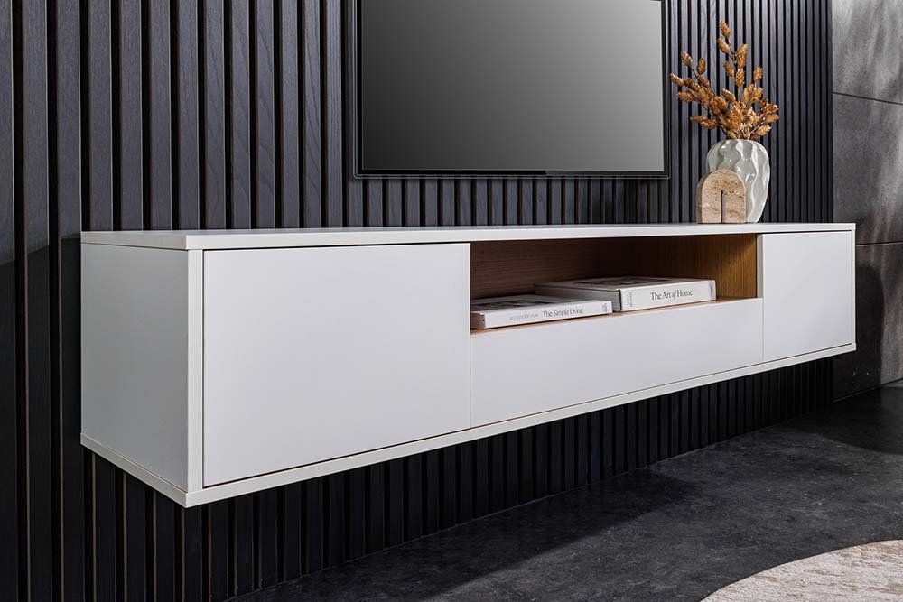 Hängendes TV-Board LOFT 150cm weiß natur fünf Fächer mit Schublade