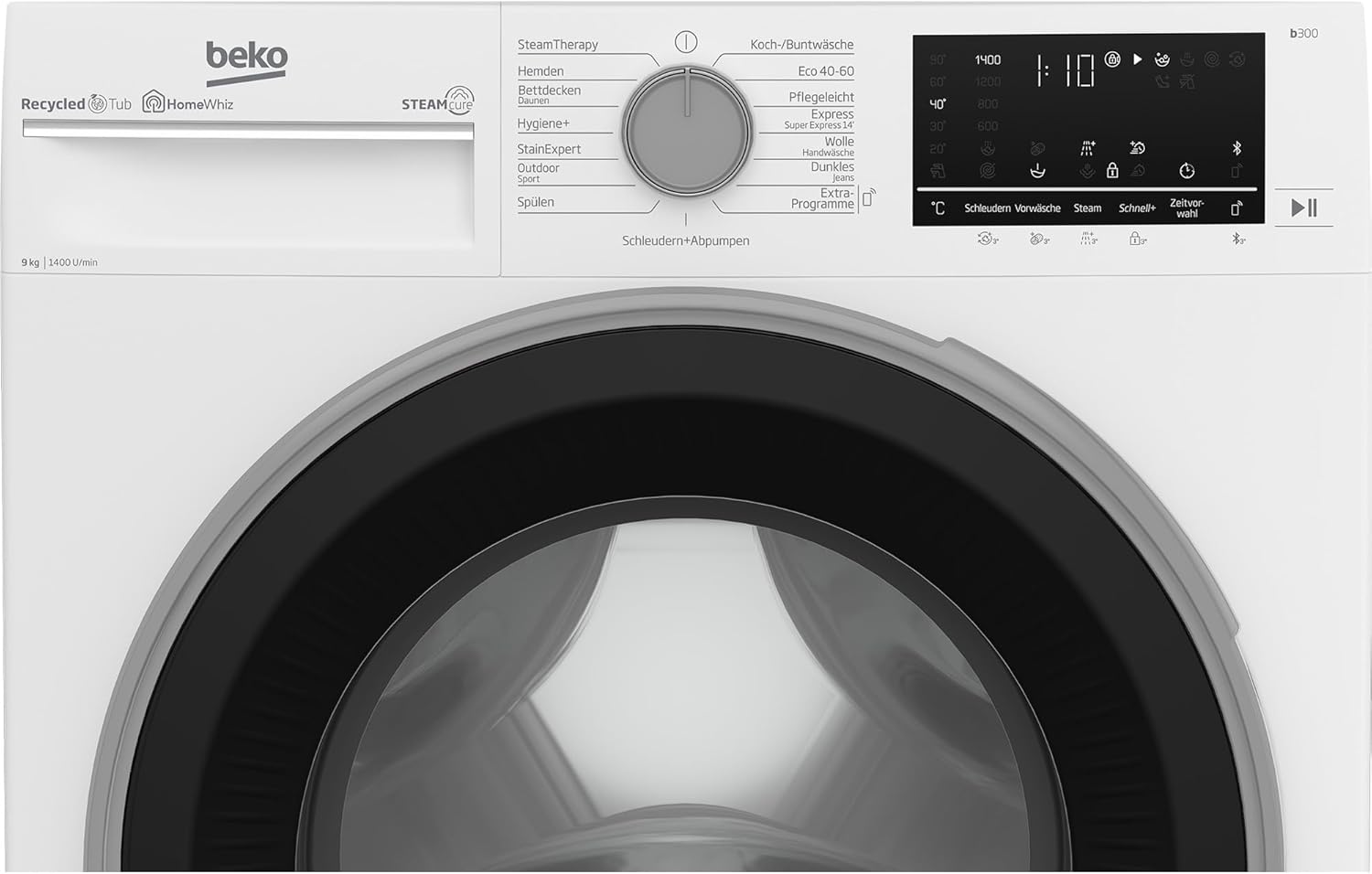 Beko B3WFU59415W2 b300 Waschvollautomat, 9 kg, Waschmaschine, Restzeitanzeige, 1400 U/min, Dampffunktion, AddXtra-Nachlegefunktion, Bluetooth, StainExpert, Hygiene+ allergikergeeignet, Weiß