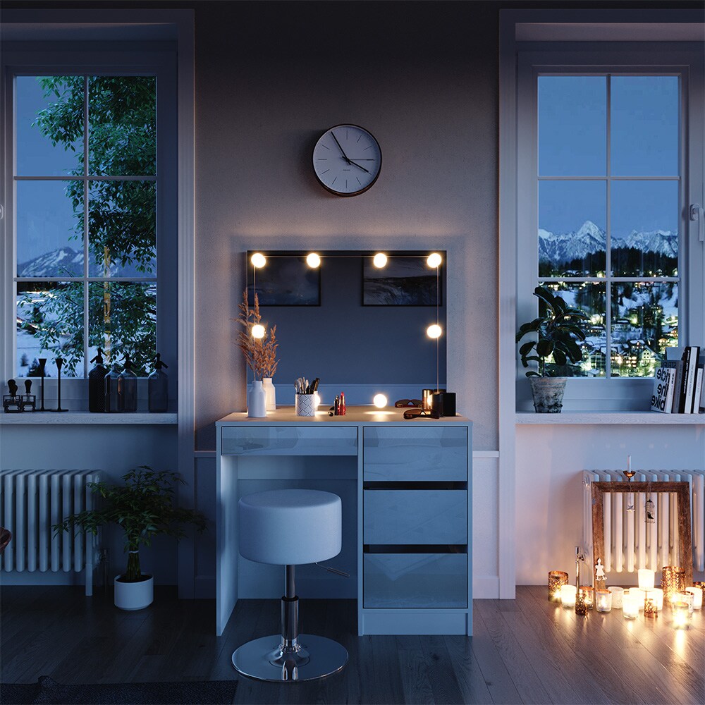 Vicco Schminktisch Frisiertisch Frisierkommode Sherry Weiß Schminkspiegel LED Hocker 90x75 cm modern Schlafzimmer Kommode Schublade Ablage Aufbewahrung Kosmetiktisch Make-Up-Tisch Hochglanz