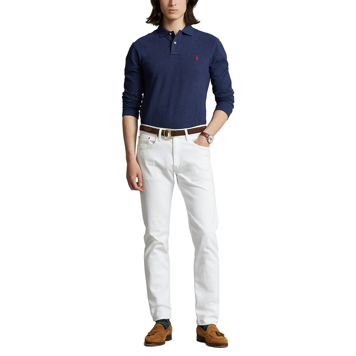 POLO RALPH LAUREN<br>Polo de manga comprida com corte justo em piqué