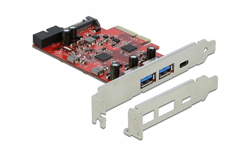 PCI-Express-Karte USB-C / USB-A / intern USB 5 GbpsDelock PCI Express x4 Karte zu 1 x extern USB Type-C Buchse + 2 x extern USB Typ-A Buchse SuperSpeed USB 10 Gbps + 1 x intern USB 5 Gbps Pfostenstecker