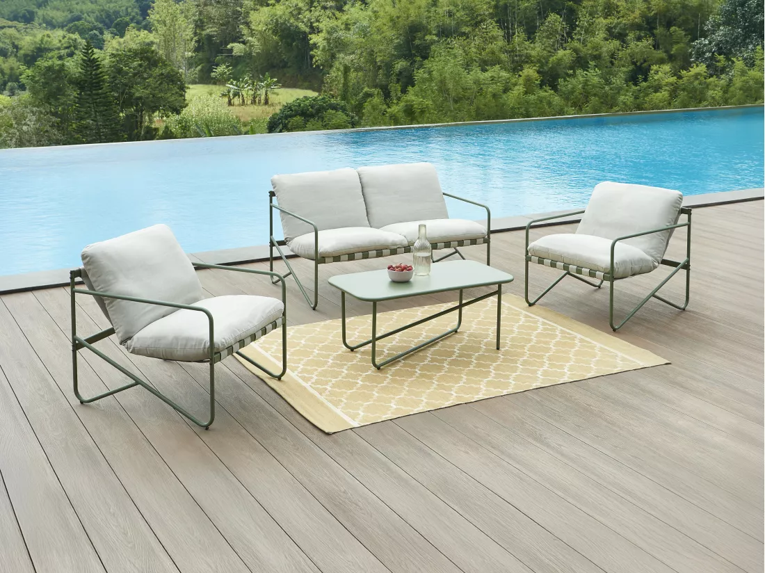 Salon de jardin en acier : un canapé 2 places, 2 fauteuils et une table basse - Vert - MILOPE de MYLIA