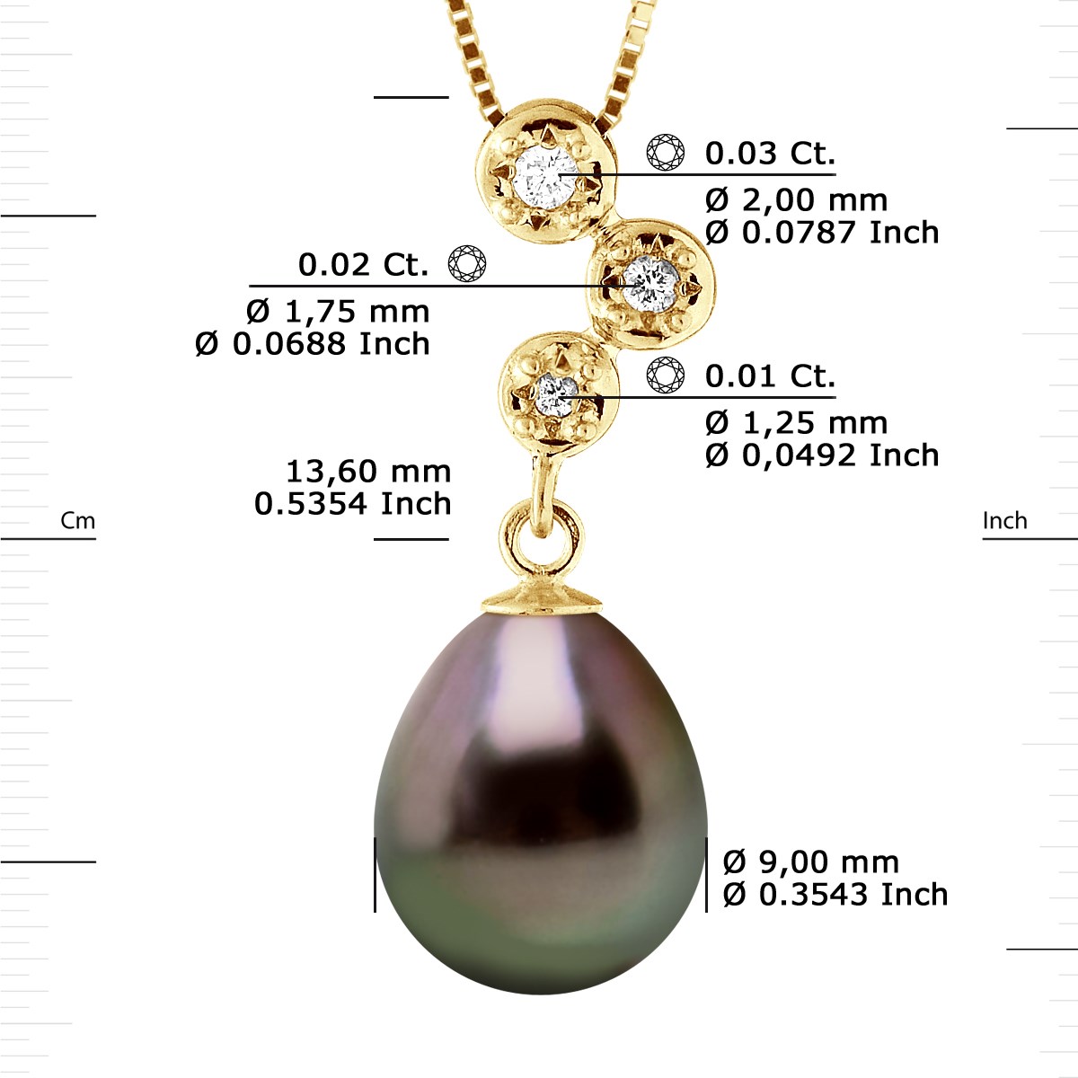 Collier Pendentif Joaillerie Diamants 0,06 Cts - Or Jaune et Véritable Perle de Culture de Tahiti Poire 9-10 mm