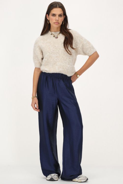 Donkerblauwe wide leg broek met elastieken band