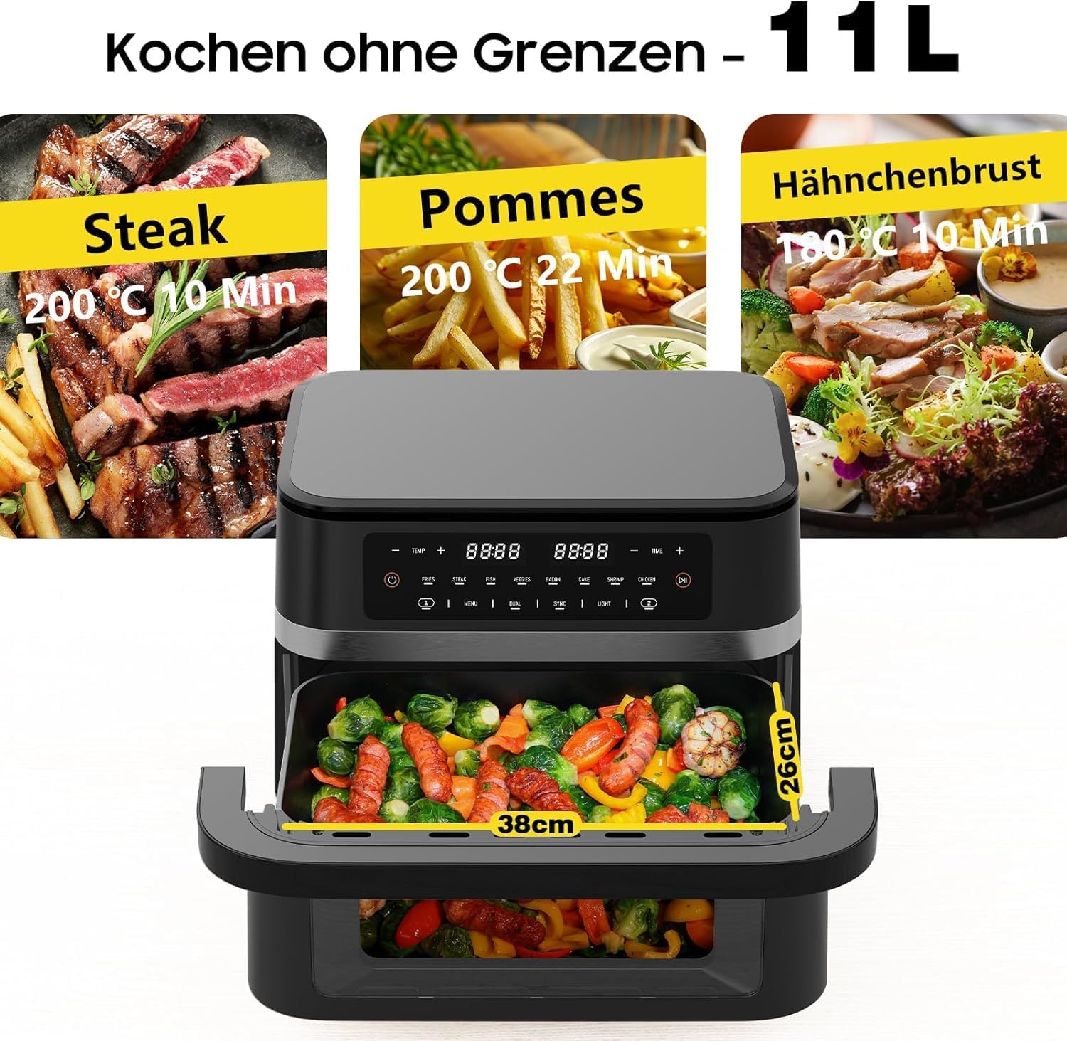 Heißluftfritteuse Dual Zone 11L XXL – Leistungsstarker Air Fryer mit Doppelkammer & herausnehmbarer Trennwand, Heissluftfriteuse ohne Öl, 2950W, Sichtfenster & Touchdisplay, für Familien