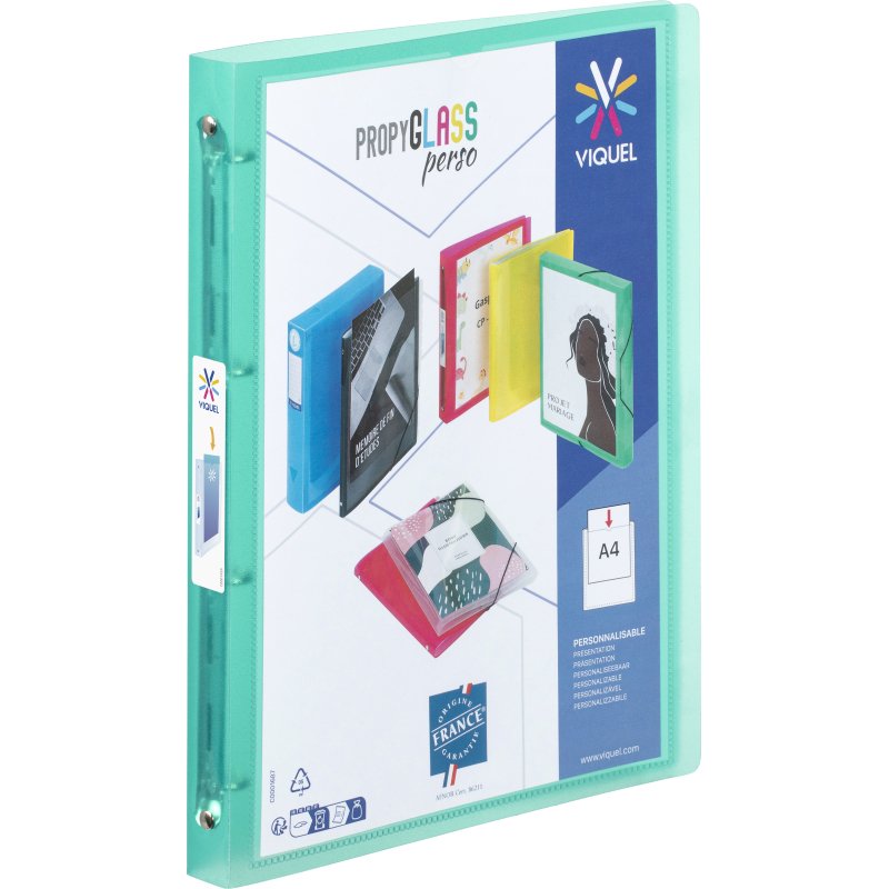 Classeur souple personnalisable - 4 anneaux - A4 - Dos 2,5 - Propyglass VIQUEL - Turquoise