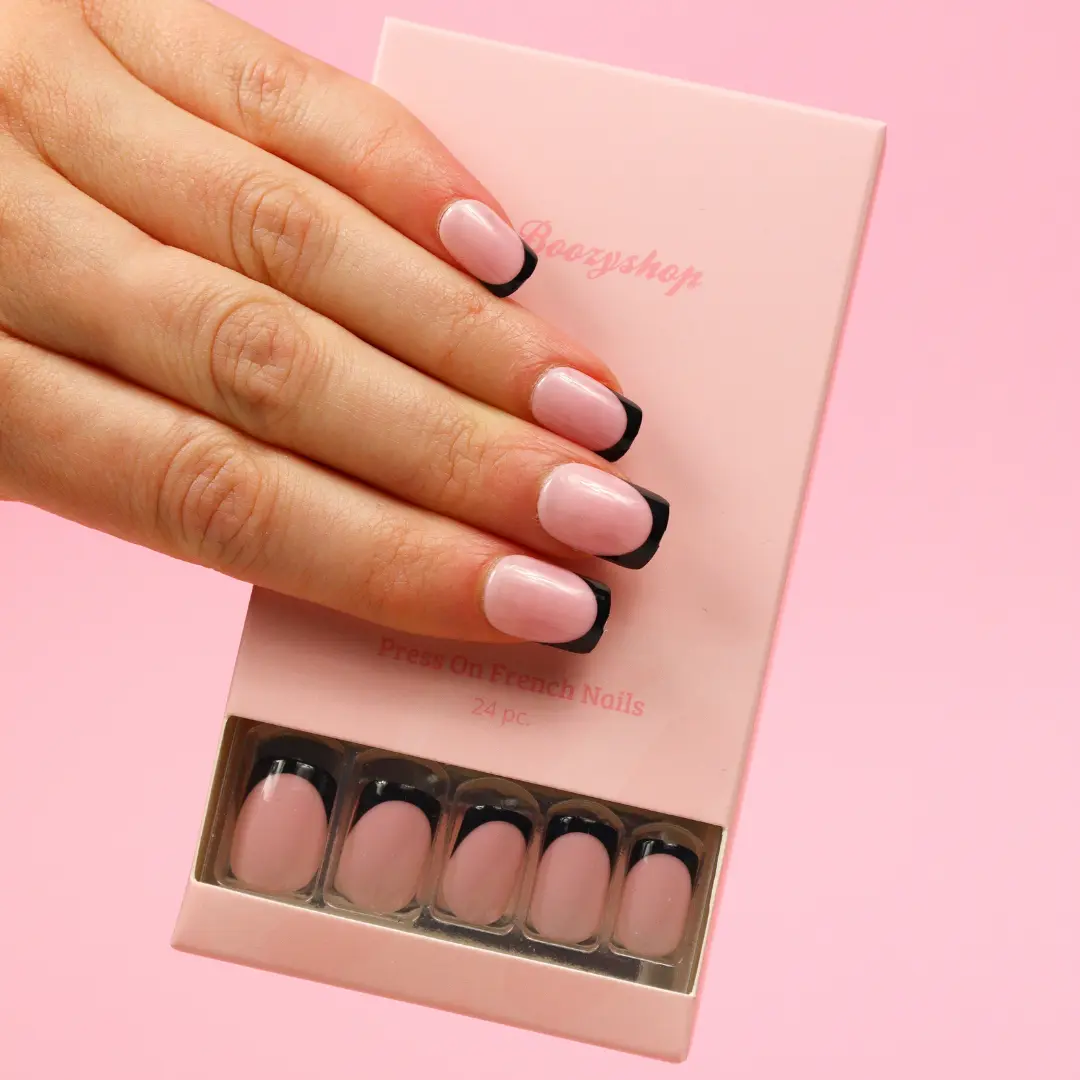 Press On French Nails Black / Pink