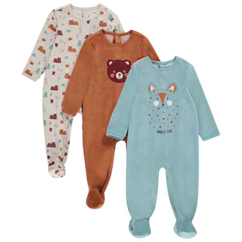 Lot de 3 dors-bien en velours print ours/renard pour bébé garçon - Vert