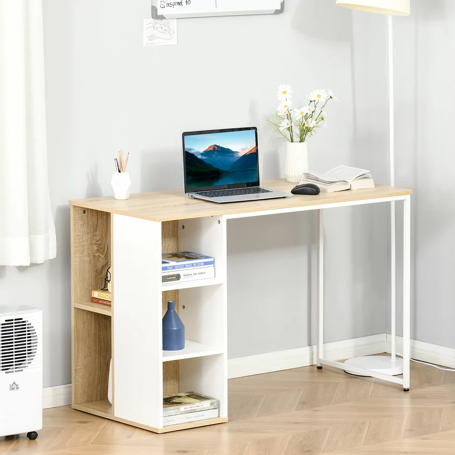 HOMCOM Schreibtisch Tisch mit Bücherregal eiche, weiß