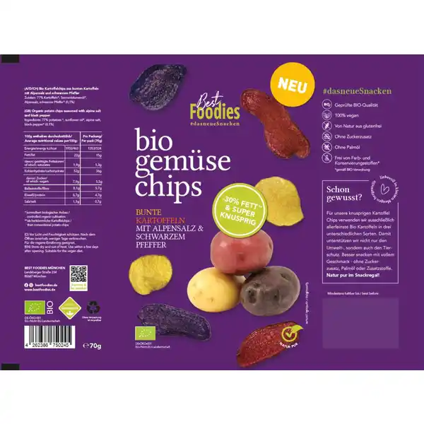 bio gemüse chips, bunte kartoffeln mit alpensalz & schwarzem pfeffer