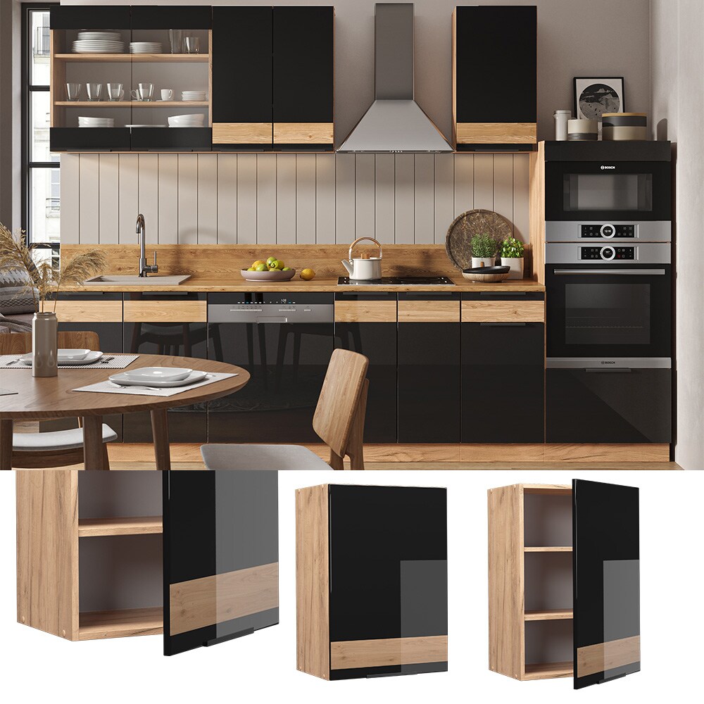 Vicco Hängeschrank Küchenschrank Küchenmöbel Fame-Line Eiche Schwarz 50 cm modern Hochglanz